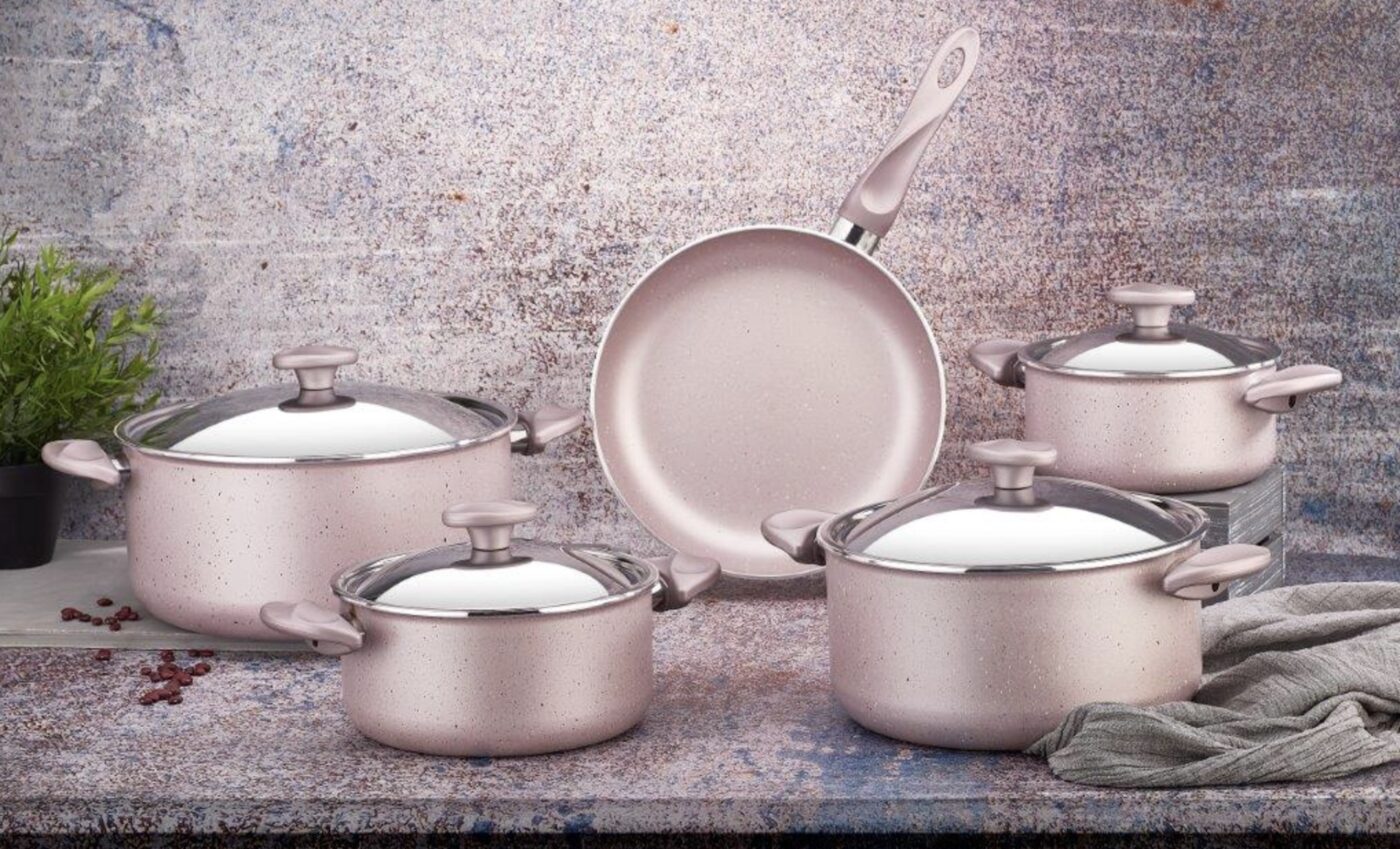 Rosetta blush pink granite cookware set — casseroles, fry pan with glass lids